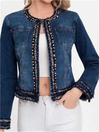Cazadora denim tweed abalorios