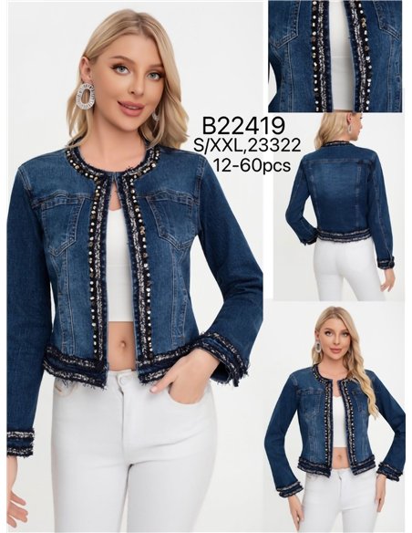 Cazadora denim tweed abalorios