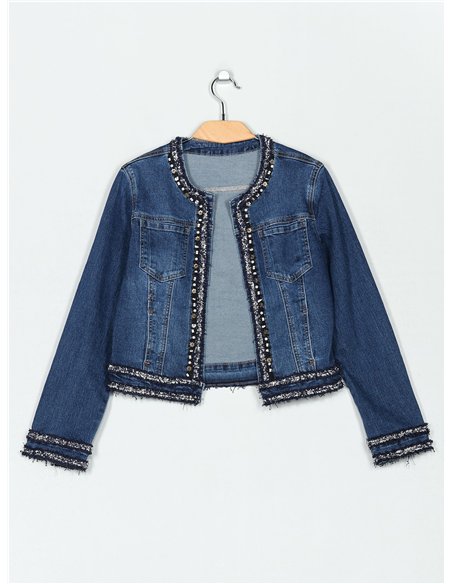 Cazadora denim tweed abalorios