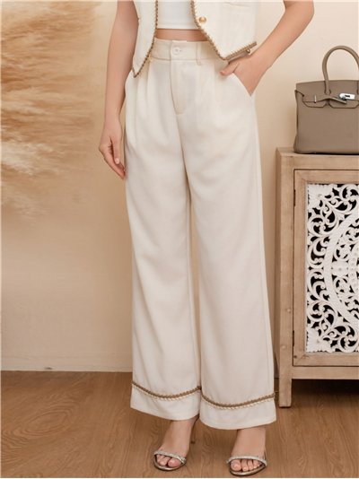 Pantalón recto lino pinzas bajo pespuntes