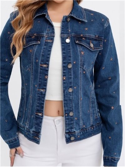 Cazadora denim bordada florecitas talla grande