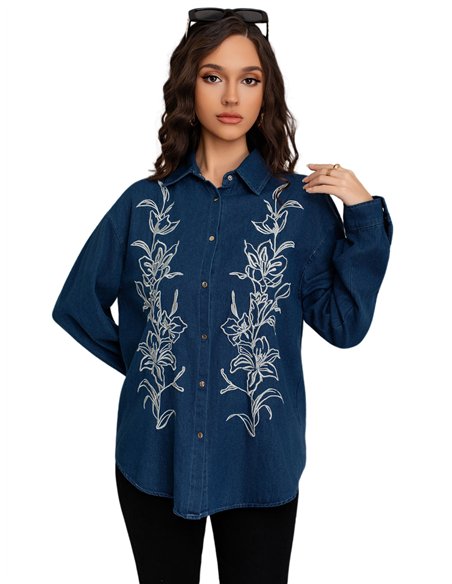 Camisa denim amplia bordada flores