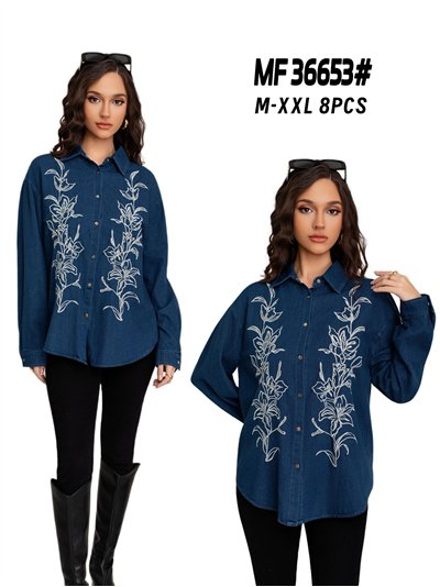 Camisa denim amplia bordada flores 2