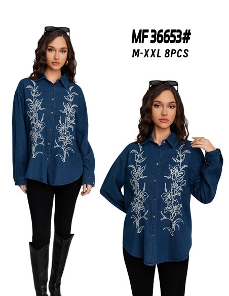 Camisa denim amplia bordada flores