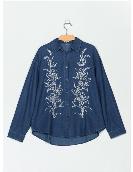 Camisa denim amplia bordada flores