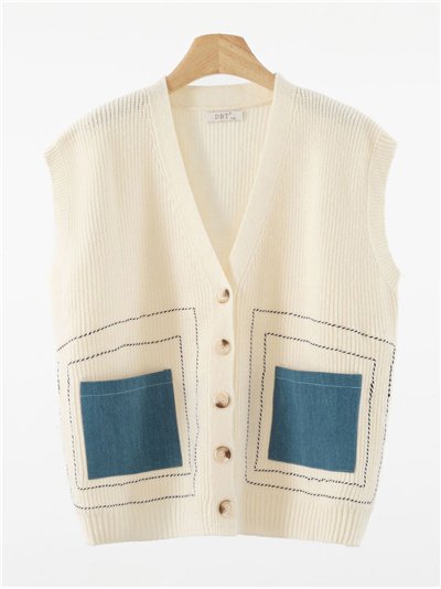 Chaleco punto canalé bolsillo denim