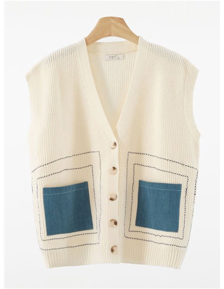 Chaleco punto canalé bolsillo denim