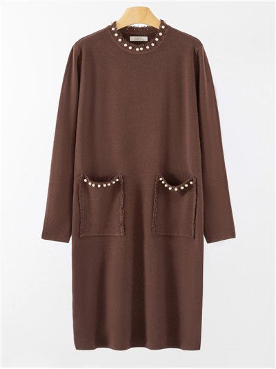 Vestido punto bolsillos perlas