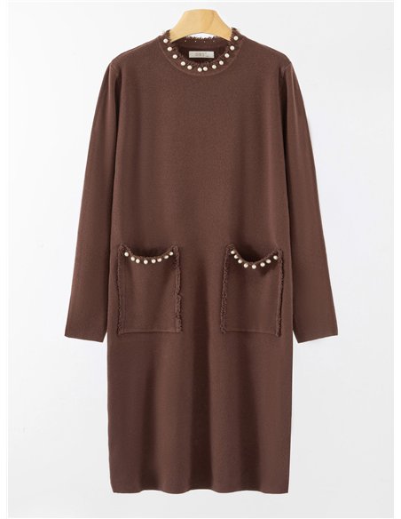Vestido punto bolsillos perlas