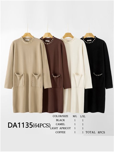 Vestido punto bolsillos perlas 2