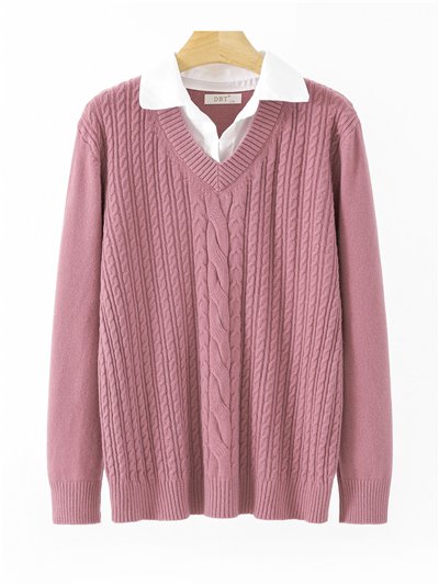 Jersey trenzas cuello pico efecto doble