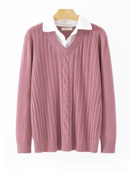 Jersey trenzas cuello pico efecto doble