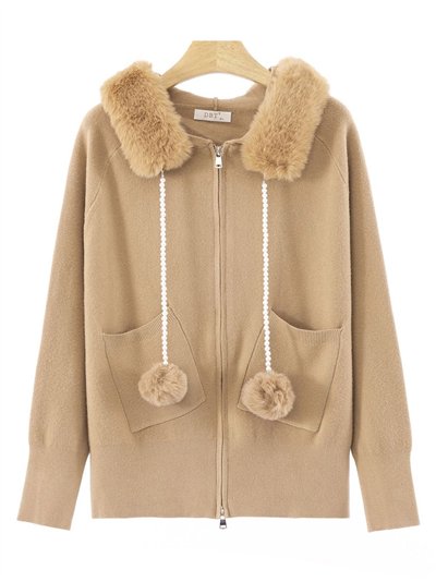 Sudadera punto capucha pelo cremallera detalle pompones