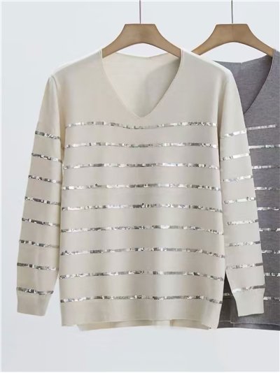 Jersey franjas lentejuelas cuello pico