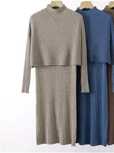 Conjunto Top punto soft cuello perkins + Vestido largo canalé