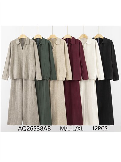 Conjunto Jersey amplio canalé cuello polo + Pantalón wide leg 2