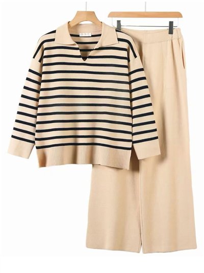 Conjunto Jersey amplio rayas  cuello polo + Pantalón wide leg