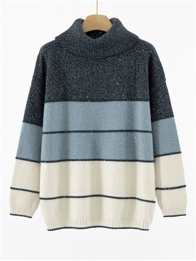 Jersey franjas lentejuelas cuello vuelto