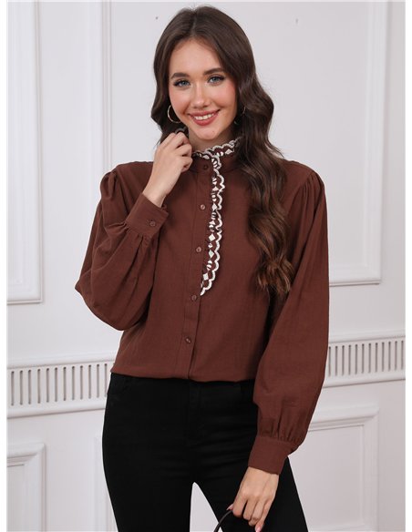 Camisa bordado cuello alto aplique rizo
