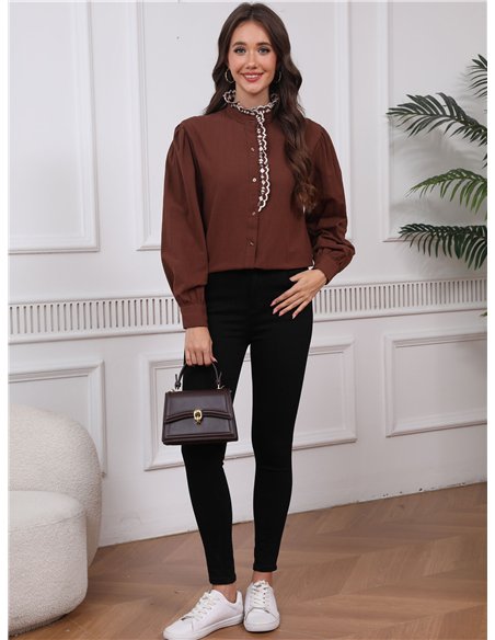 Camisa bordado cuello alto aplique rizo