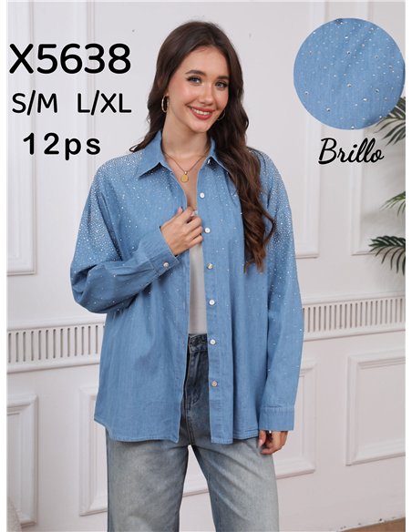 Oversized denim shirt with rhinestone