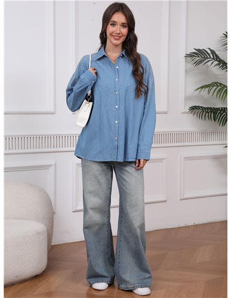 Oversized denim shirt with rhinestone