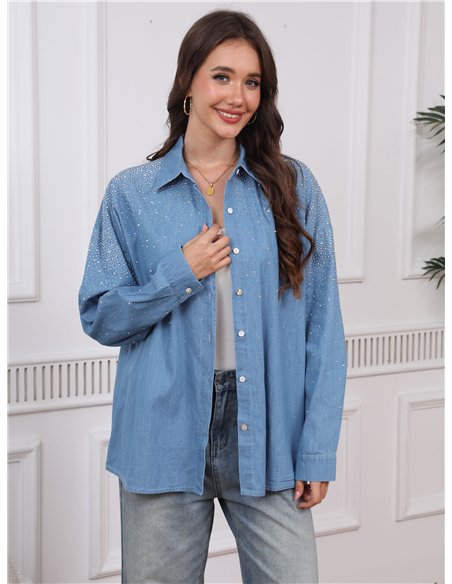 Oversized denim shirt with rhinestone