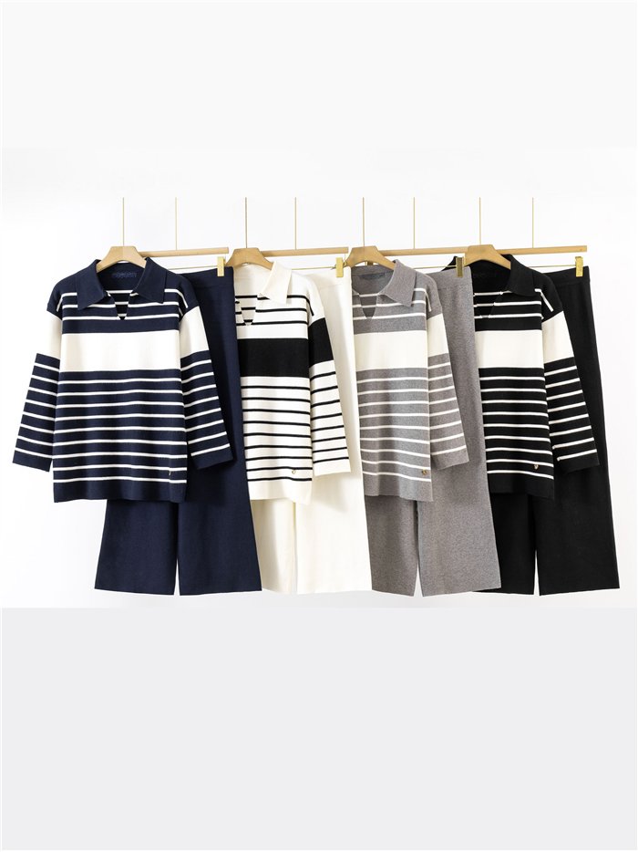 Conjunto Jersey amplio rayas cuello polo + Pantalón wide leg