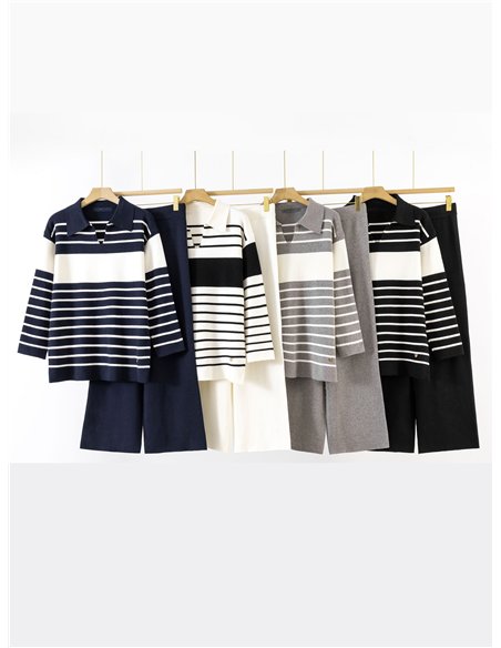 Conjunto Jersey amplio rayas cuello polo + Pantalón wide leg