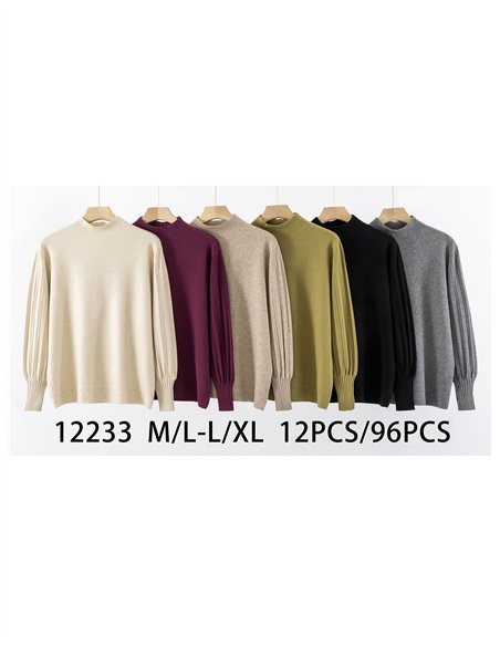 High neck sweater with pleated sleeves
