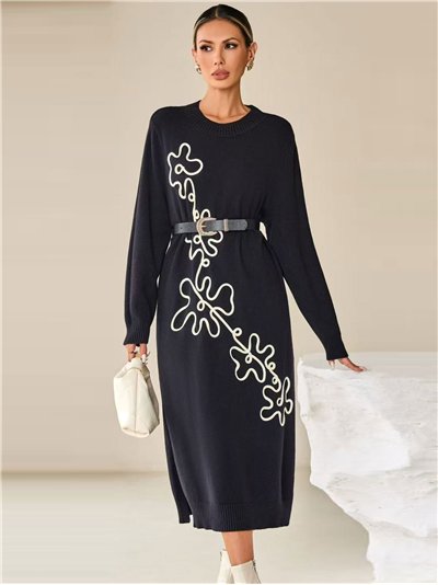 Vestido largo punto bordado floral relieve 