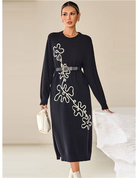 Vestido largo punto bordado floral relieve 