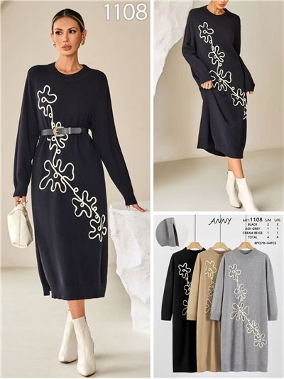 Vestido largo punto bordado floral relieve  2