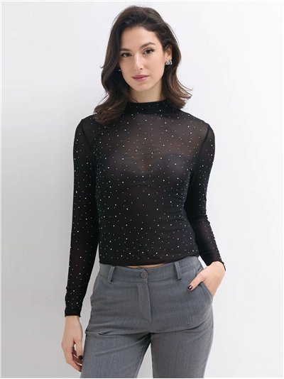 Camiseta semitransparente strass cuello perkins