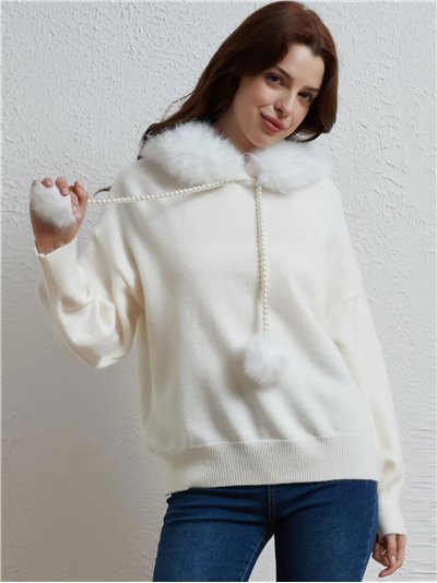Sudadera punto capucha pelo detalle pompones