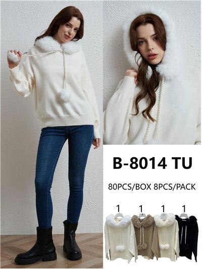 Sudadera punto capucha pelo detalle pompones 2