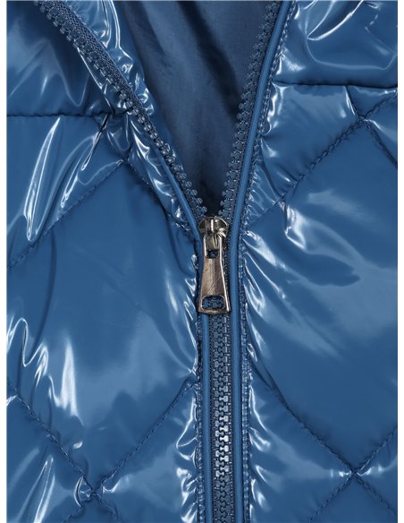 Patent finish water repellent long waistcoat with hood