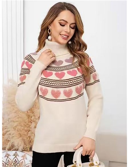 Jersey corazones relieves punto cálido cuello vuelto