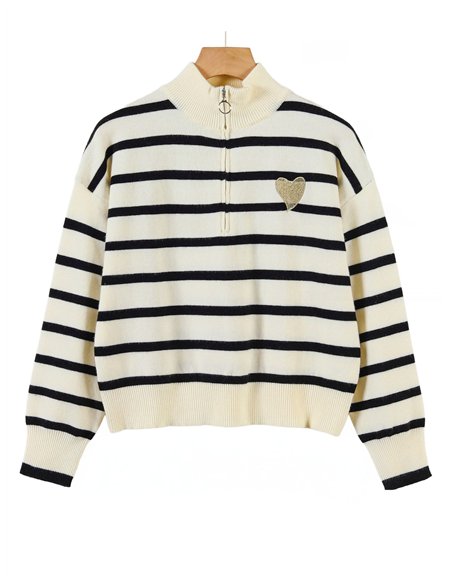 Jersey rayas corazón bordado cuello cremallera