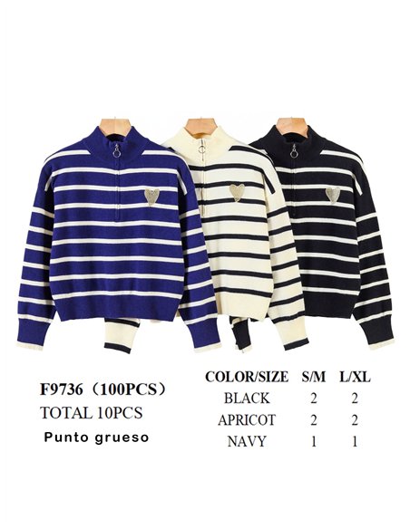 Jersey rayas corazón bordado cuello cremallera