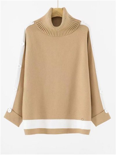 Plus size roll neck contrast sweater with buttons