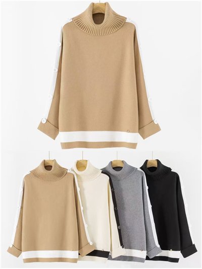 Plus size roll neck contrast sweater with buttons 2