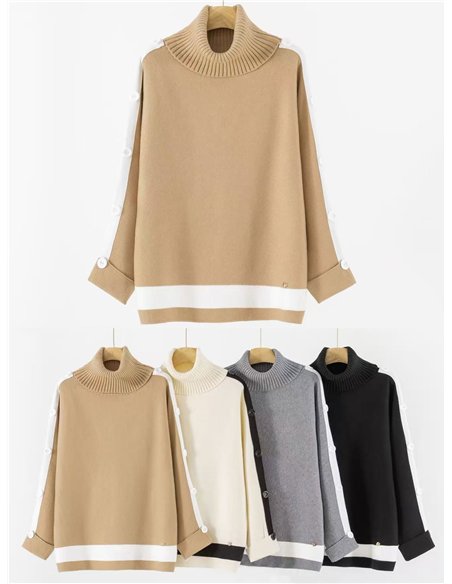 Plus size roll neck contrast sweater with buttons