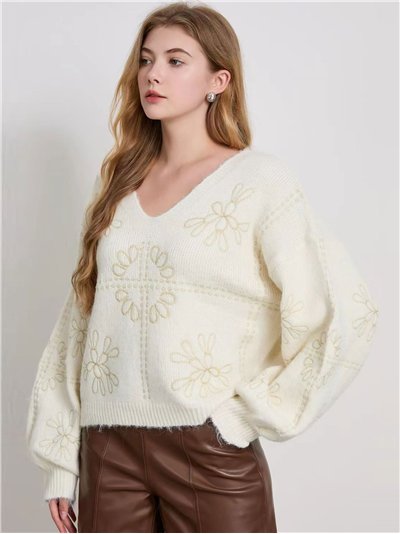 Jersey flores bordadas cuello pico