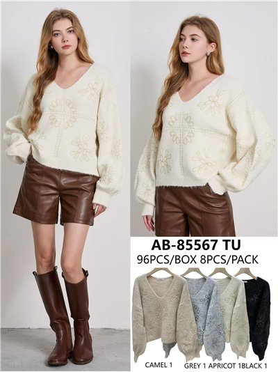 Jersey flores bordadas cuello pico 2