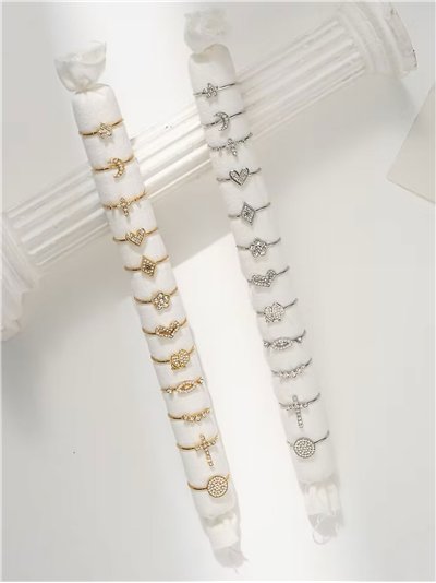 Conjunto de 12 anillos con circonitas - Acero inoxidable - Expositor incluido