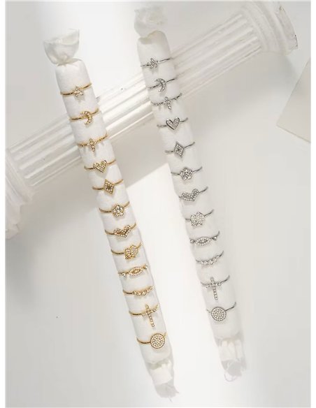 Conjunto de 12 anillos con circonitas - Acero inoxidable - Expositor incluido