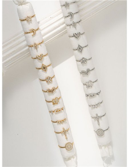 Conjunto de 12 anillos con circonitas - Acero inoxidable - Expositor incluido