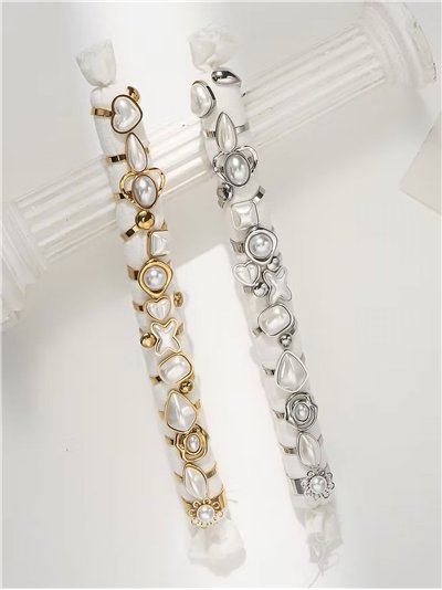 Conjunto de 12 anillos con perlas - Acero inoxidable - Expositor incluido