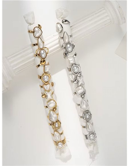 Conjunto de 12 anillos con perlas - Acero inoxidable - Expositor incluido